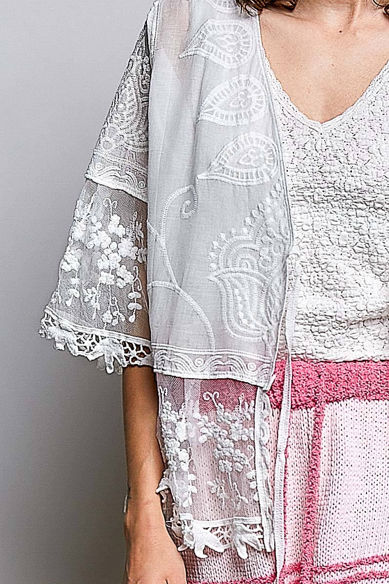 1/2 Sleeve Lace Ruffle Trim Opening Solid Crochet Cardigan