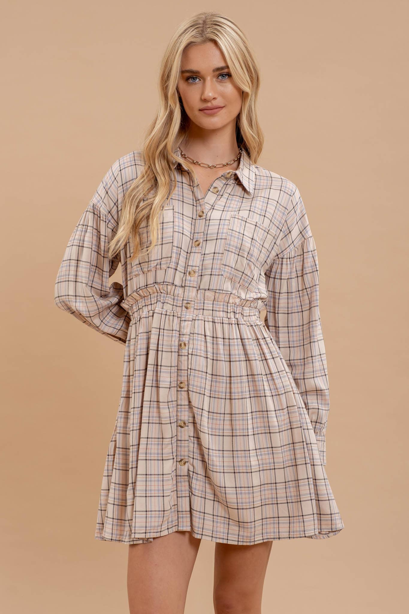 Plaid Button Down Dress - Beige Multi