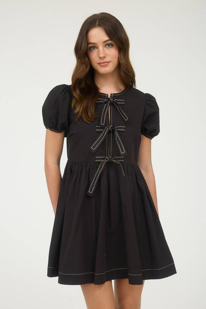 Front Tie Puff Sleeve Babydoll Mini Dress