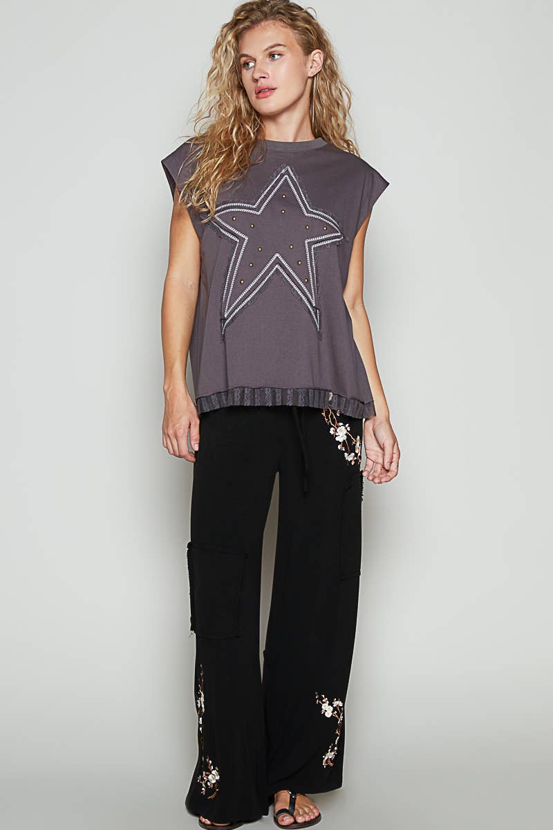 Sleeveless Star Patch Laced Hem Top