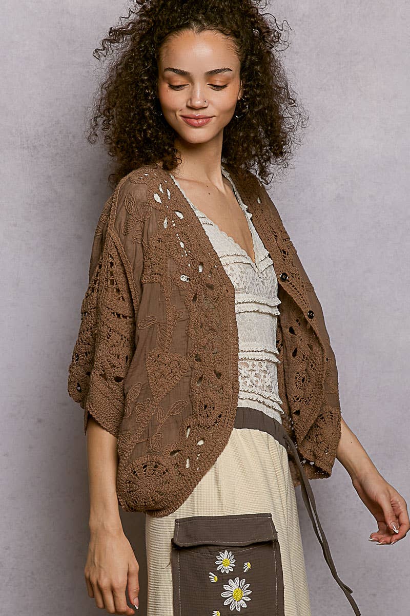 Batwing Sleeve Button Down Solid Crochet Cardigan Top