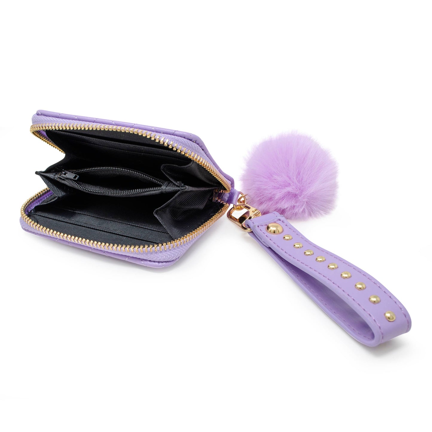 Quilted Stud Strap Wallet with Pom-Pom