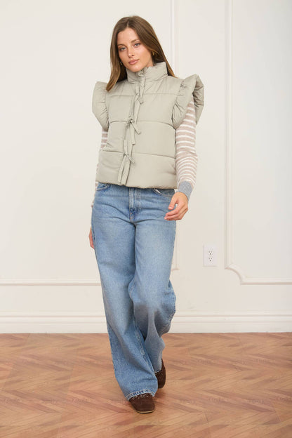 Flutter Sleeve Zip-up Bow Puffer Vest