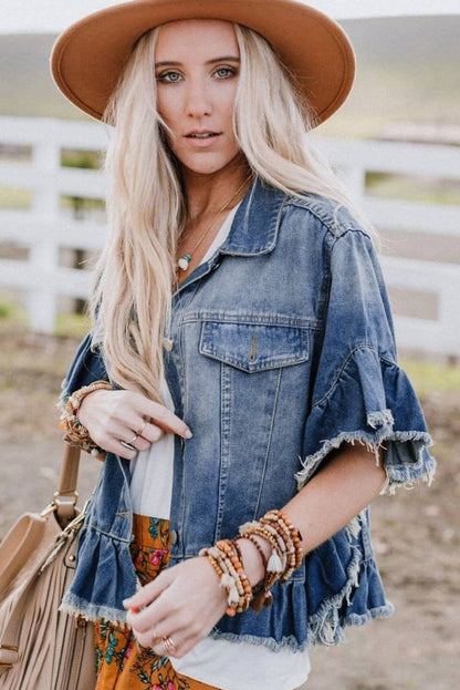 Raw Edge Ruffled Short Sleeve Denim Jacket