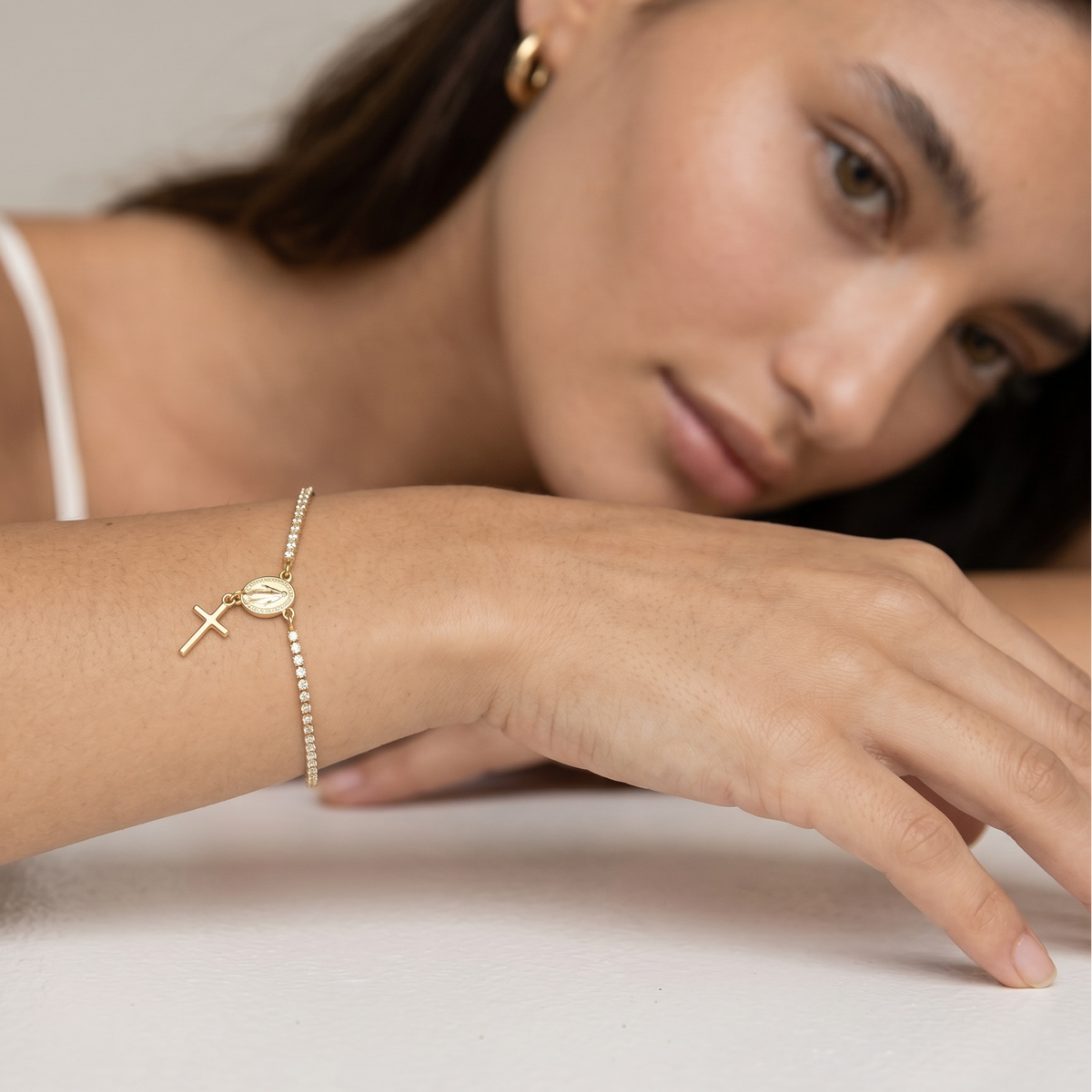 18k gold filled 1.2mm CZ rosary bracelet with Miraculous Mary medal view 4