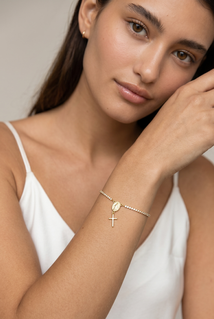 18k gold filled 1.2mm CZ rosary bracelet with Miraculous Mary medal view 2
