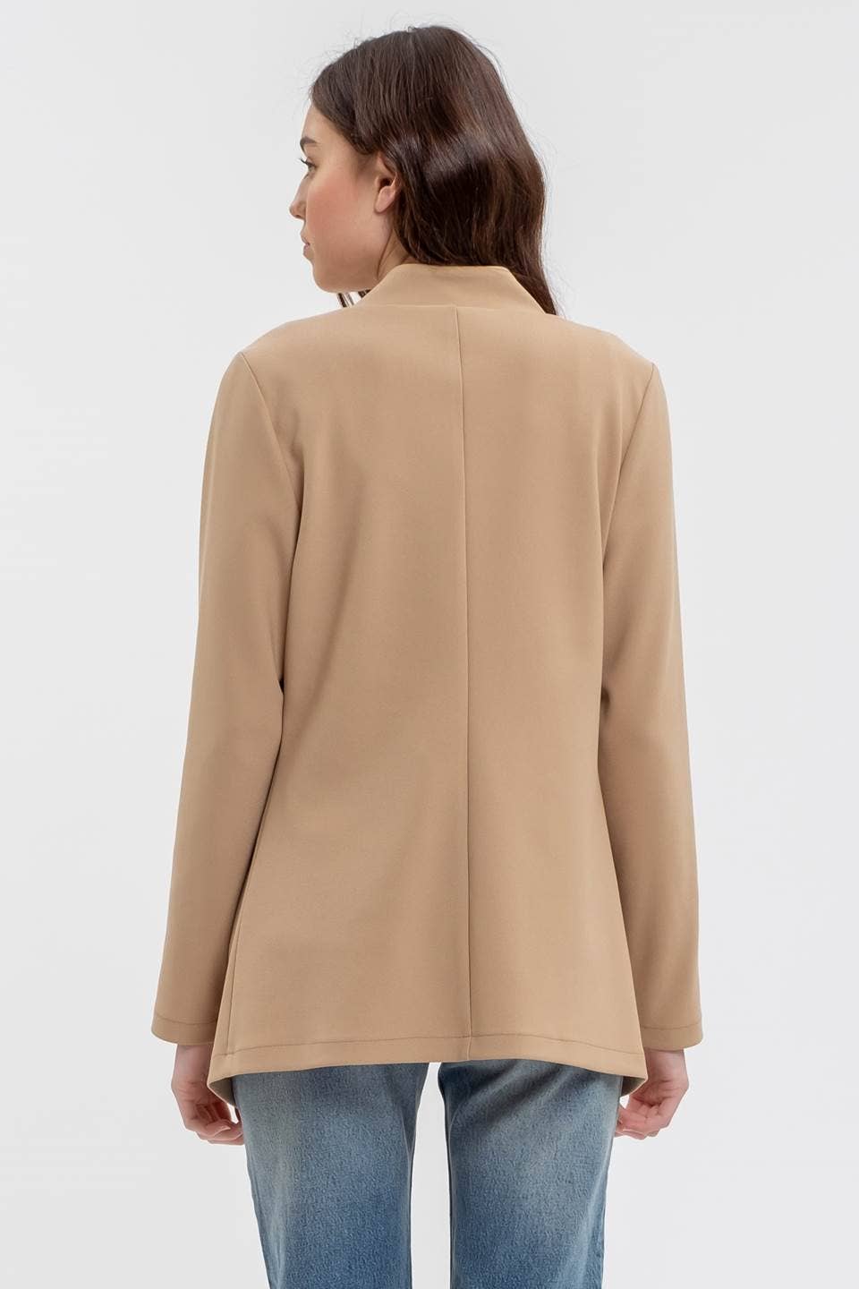 Notch Collar Long Line Blazer - Khaki