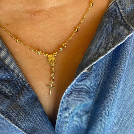 18k Gold Filled Rosary Ball Chain and Small Plain Cross Conf