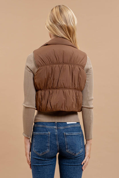 Brown Collared Zip-Up Cropped Puffer Vest