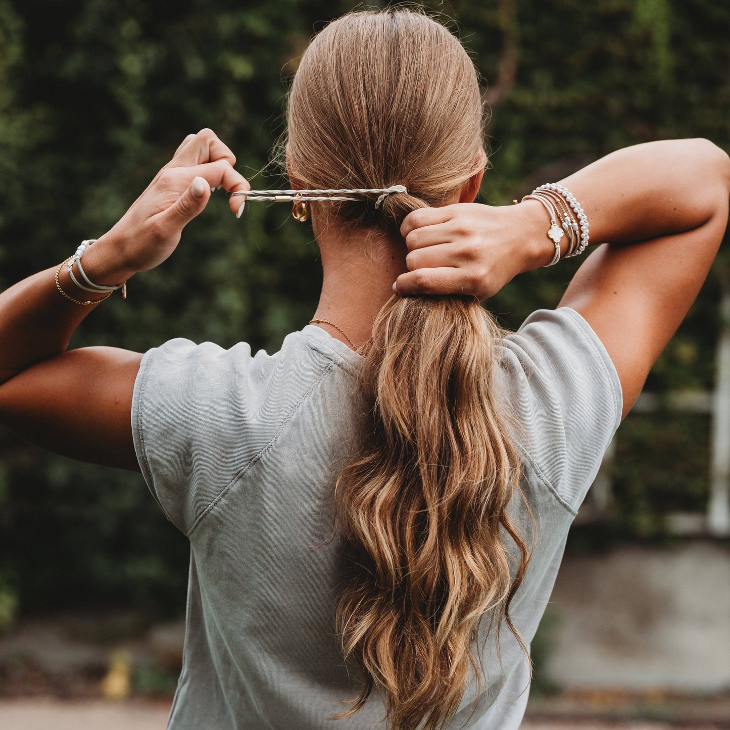 "Glimmer" Soft Pinks with Pearl and Gold Accent Hair Tie Bracelets