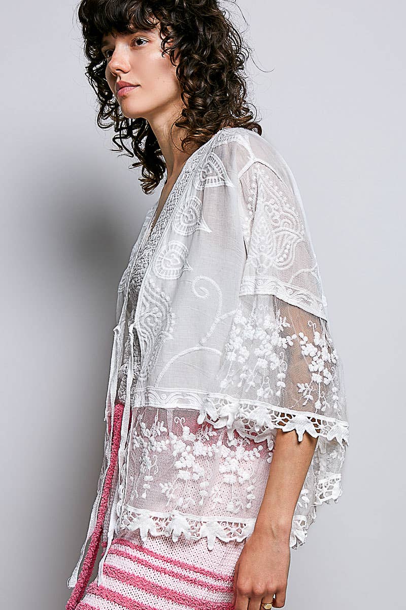 1/2 Sleeve Lace Ruffle Trim Opening Solid Crochet Cardigan