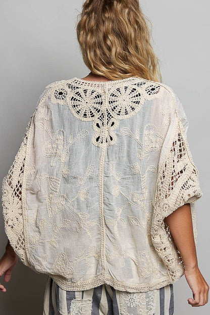 Batwing Sleeve Button Down Solid Crochet Cardigan Top