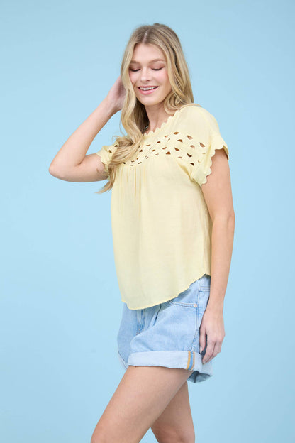 SCALLOP TRIM CUT-OUT SHORT SLEEVE BLOUSE