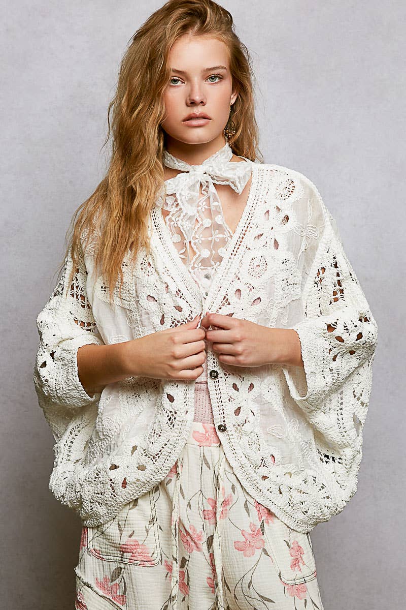 Batwing Sleeve Button Down Solid Crochet Cardigan Top
