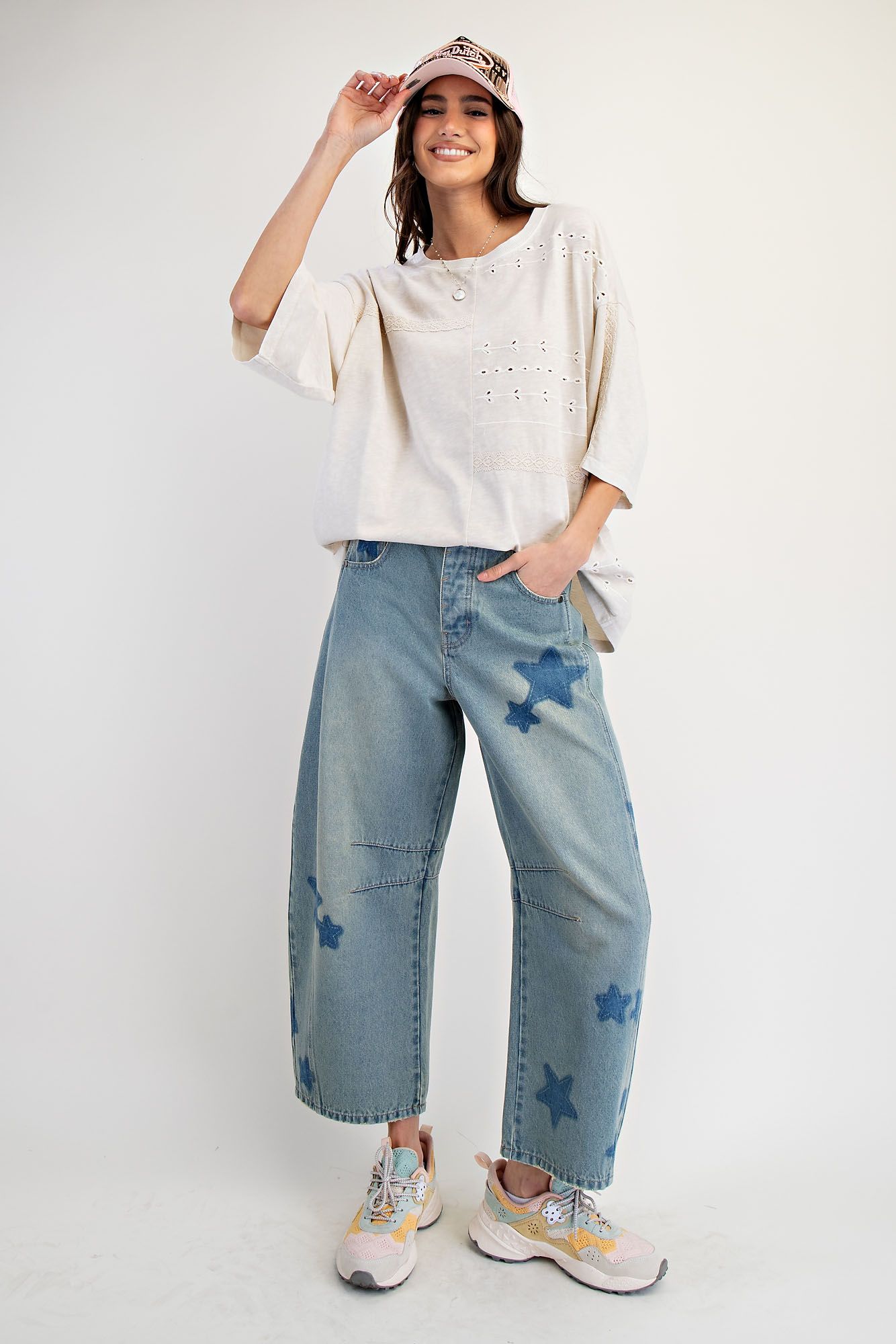 Star Printed Washed Denim Barrel Jeans