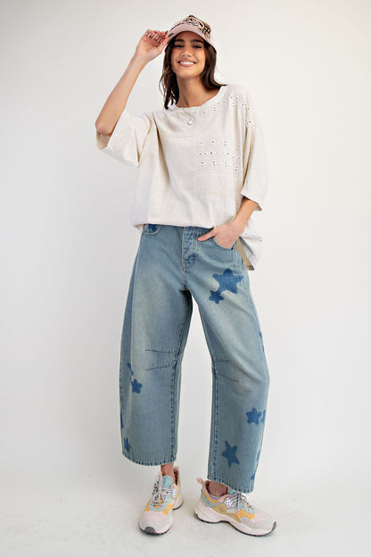 Star Printed Washed Denim Barrel Jeans