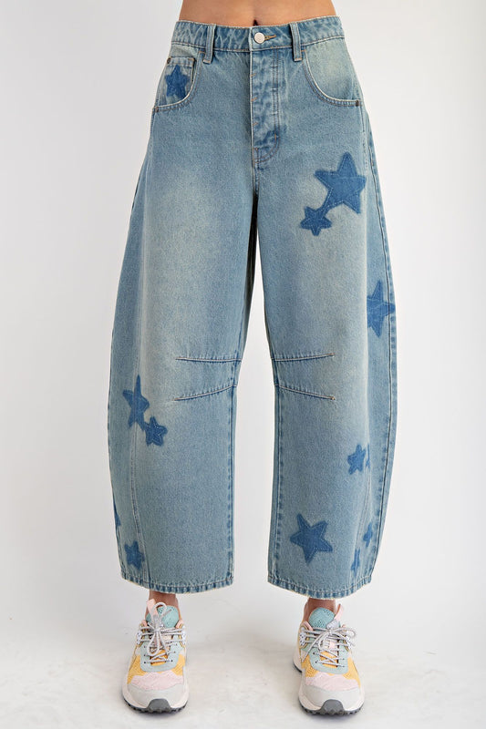 Star Printed Washed Denim Barrel Jeans