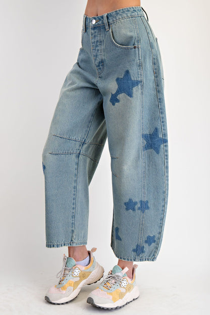 Star Printed Washed Denim Barrel Jeans