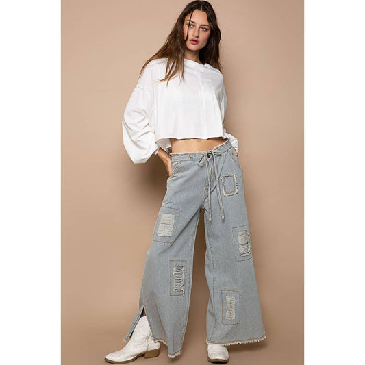 Pinstriped Patchwork Wide Leg Denim Pants