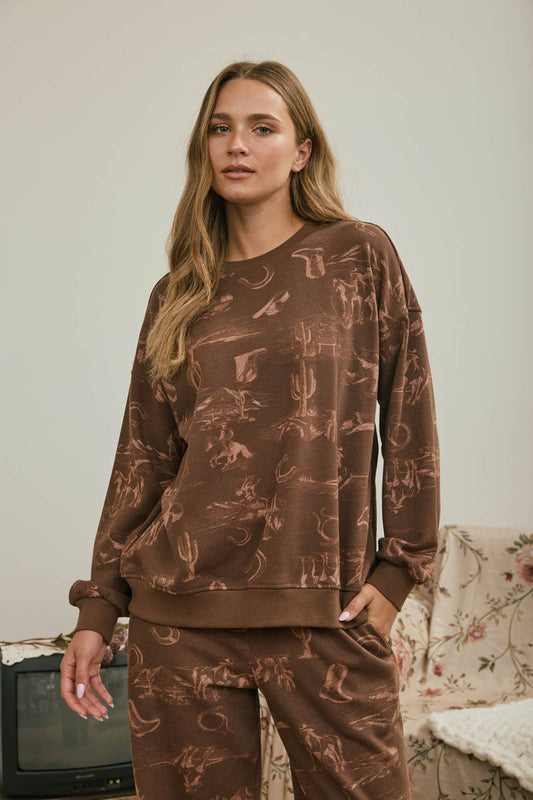 WESTERN PRINT CREW NECK LONG SLEEVE KNIT TOP0