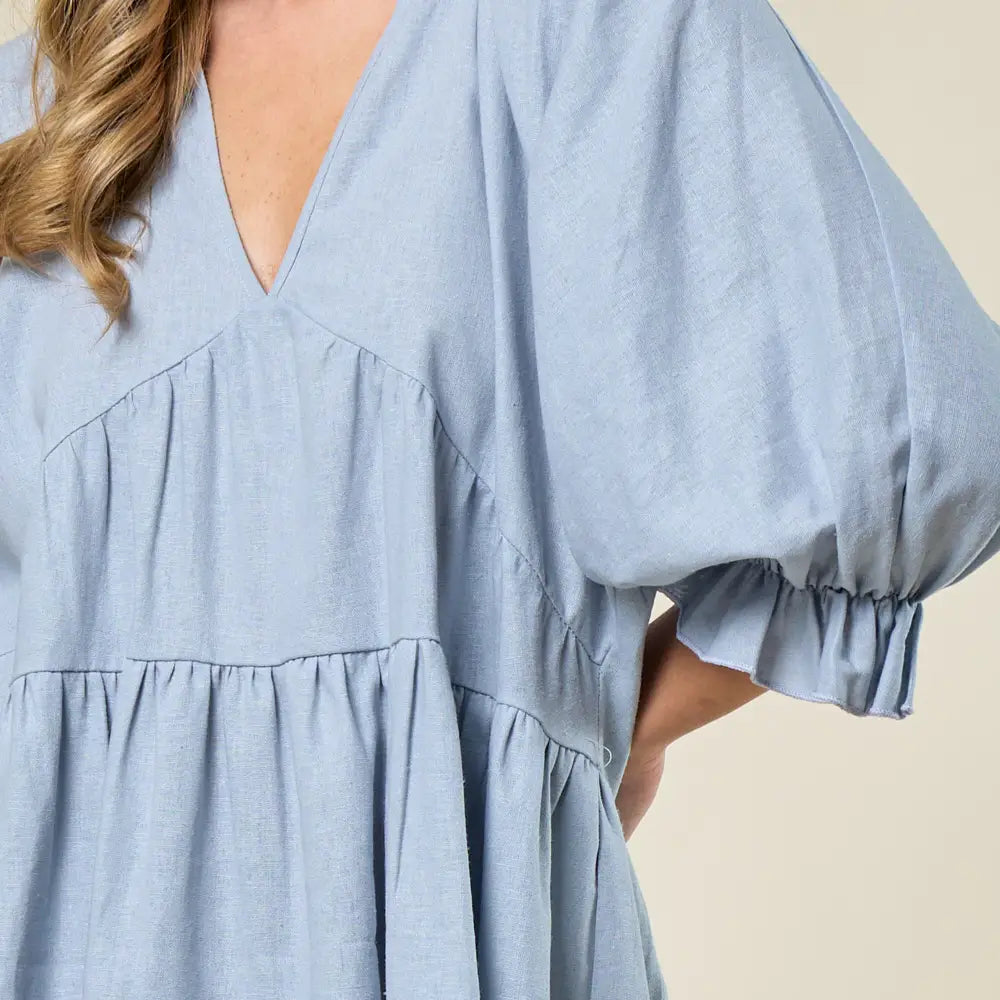 Blue Linen Tier Western Dress