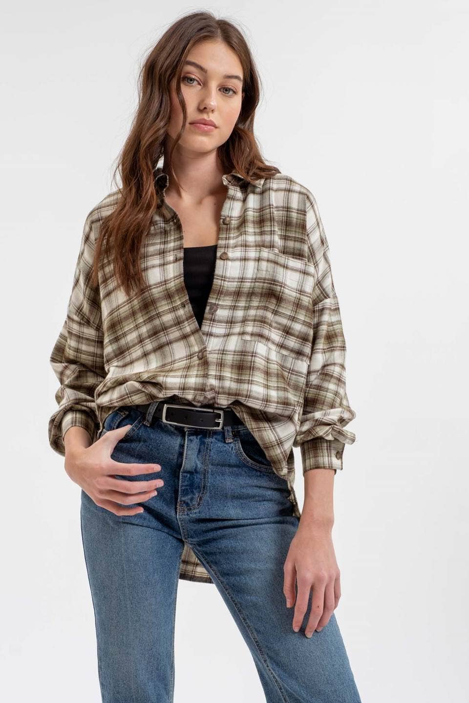 Plaid Collared Button Down Shirt - Olive Multi