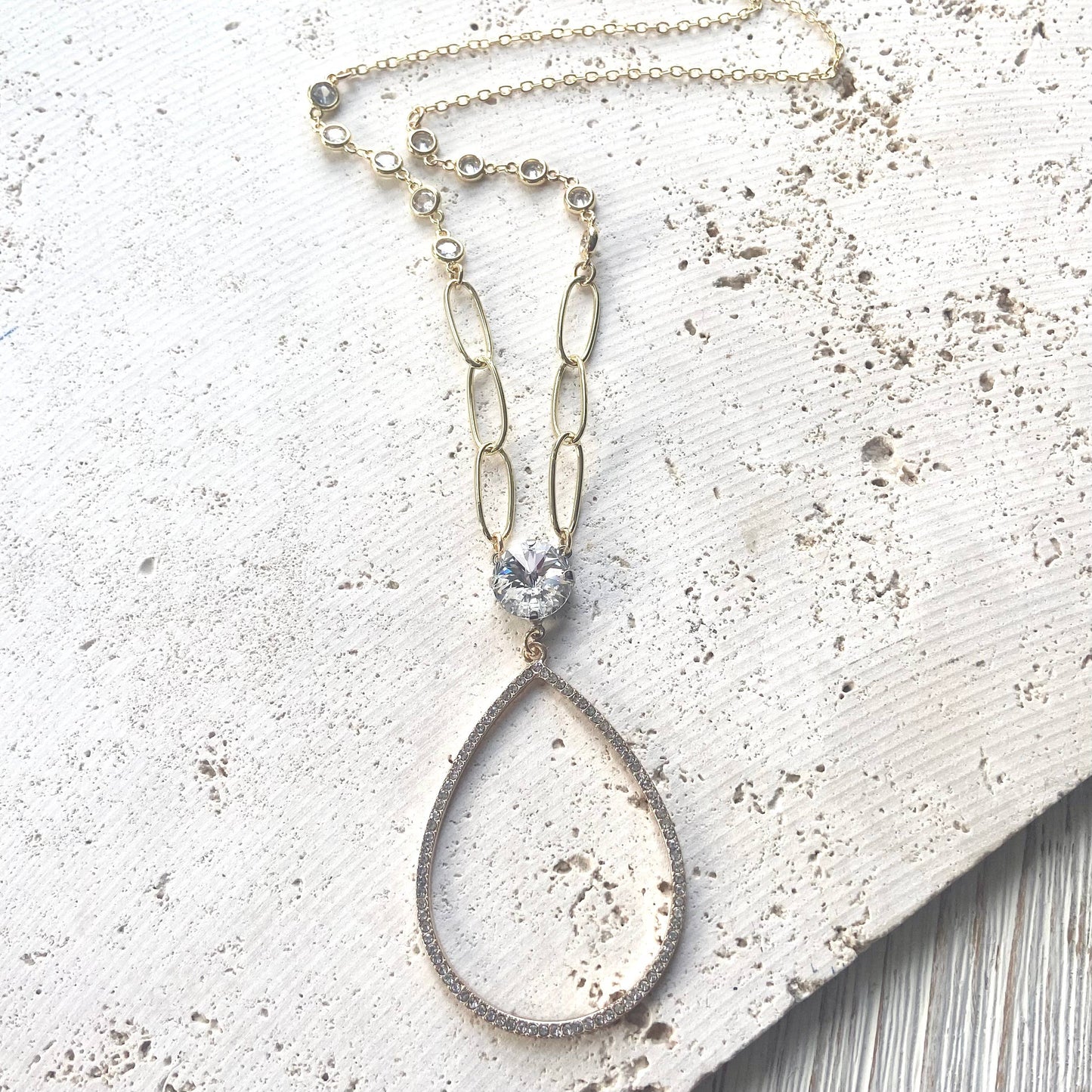 Crystal Pear Loop Gold Necklace