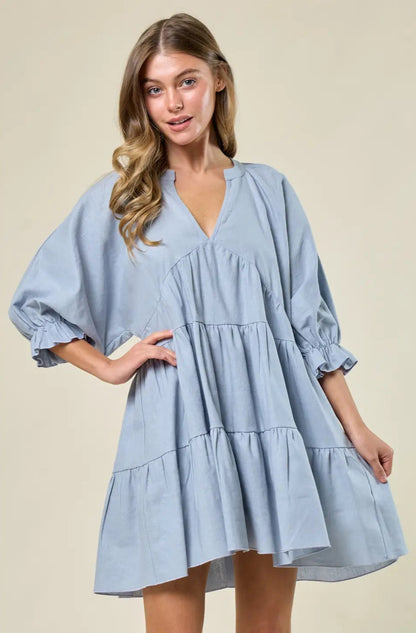 Blue Linen Tier Western Dress