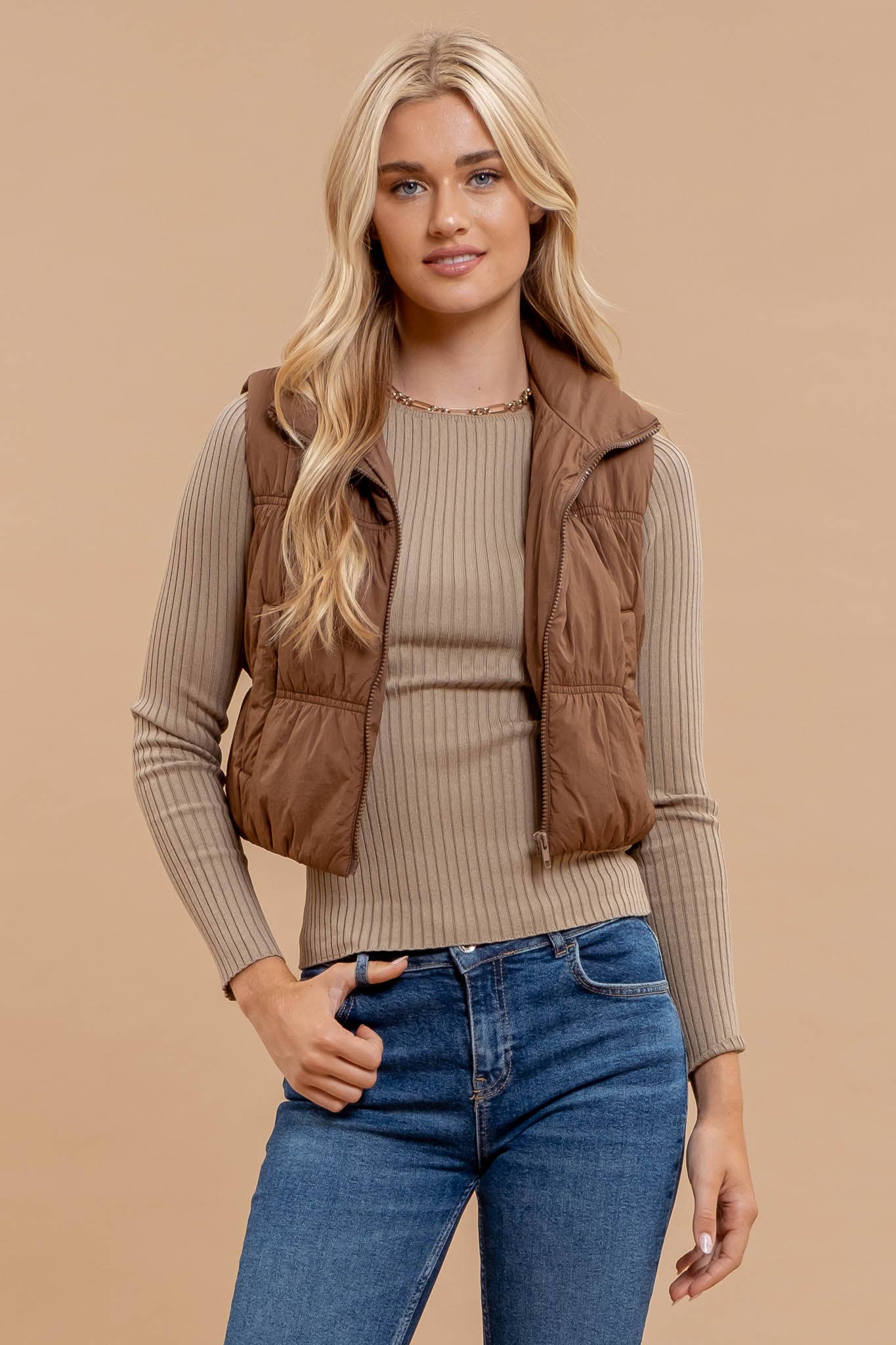 Brown Collared Zip-Up Cropped Puffer Vest