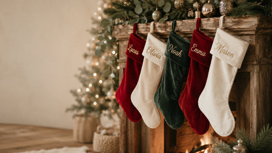 Personalized Christmas stockings hung by the fireplace | Pencie & Ginger