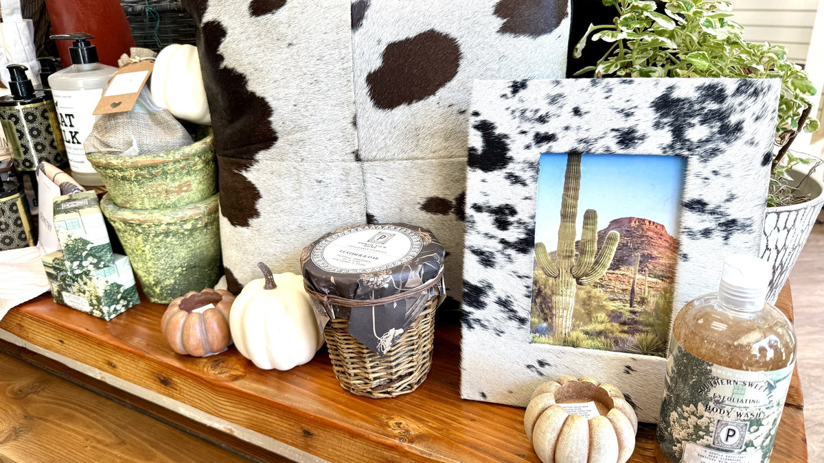 Fall home decor with pumpkins and cowhide