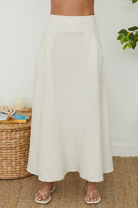 LINEN MAXI SKIRT WITH POCKETS AND SMOKED WAISTBAND