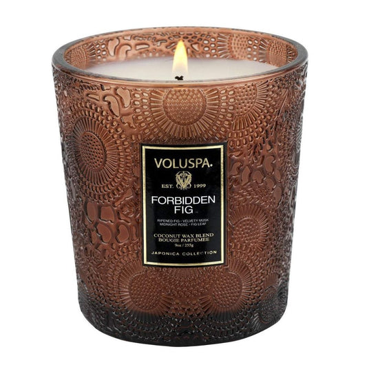 Voluspa Forbidden Fig classic candle in embossed glass jar | Pencie & Ginger