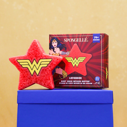 Spongellé Wonder Woman Lavender body buffer, lifestyle photo